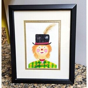 Nan Greenwell Signed Folk Art Clown Portrait Painting, Framed & Matted 11x9